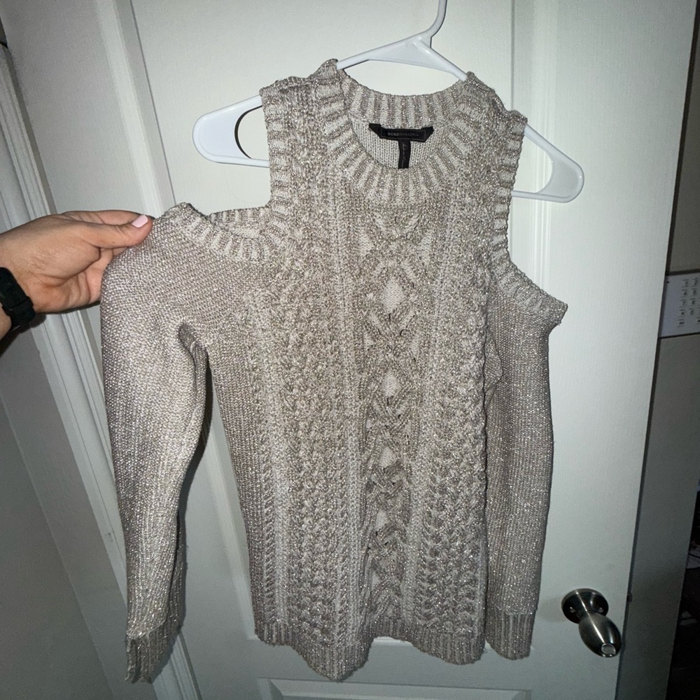 BCBGMaxAzria Metallic silver Off-the-Shoulder Sweater